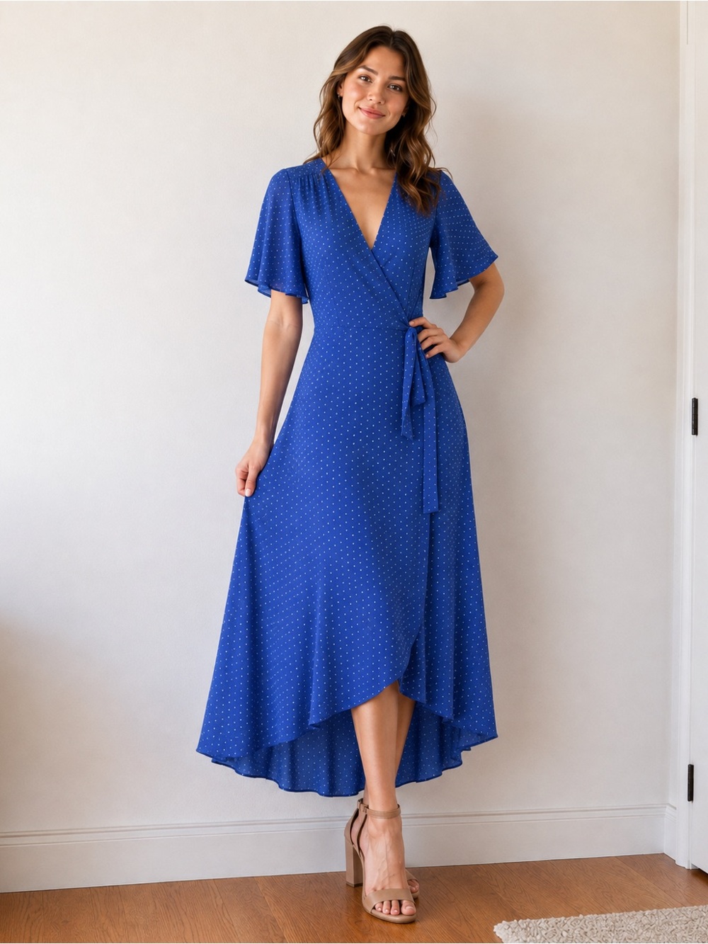 Lulus Blue Polka Dot Wrap Midi Dress Size M High Low Flutter Sleeve